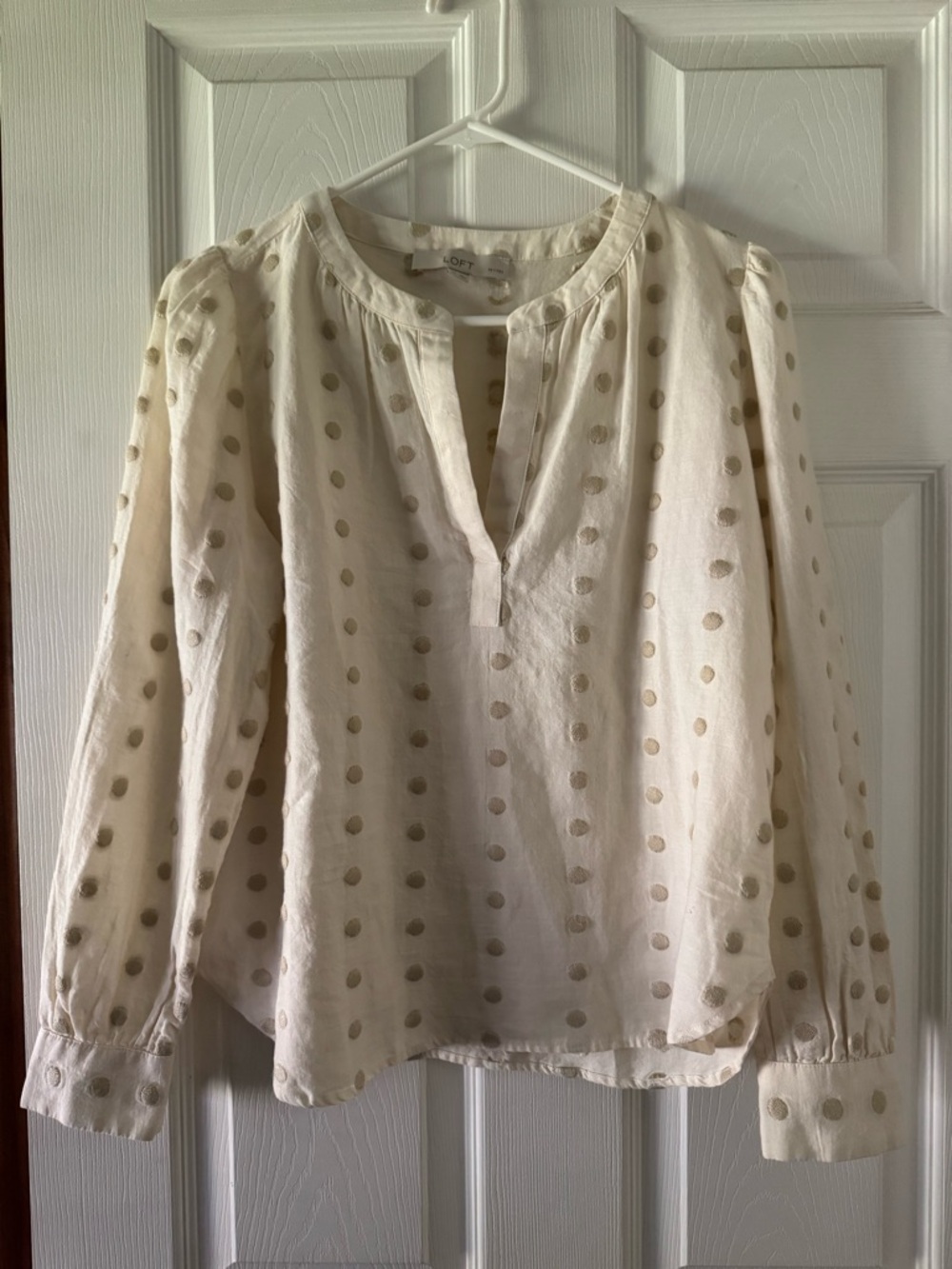 LOFT Cream Blouse with Gold Polka Dots